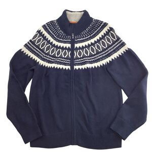 St John's Bay Outdoor Full Zip Knit Cardigan Sweater Fair Isle Men's M Navy Blue